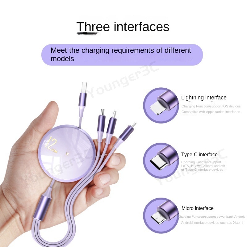 120w Kabel Pengisian Super Cepat 3in1 Charger Telepon Yang Dapat Ditarik 1M Extendable Charging Cord Untuk ios Tipe C Android