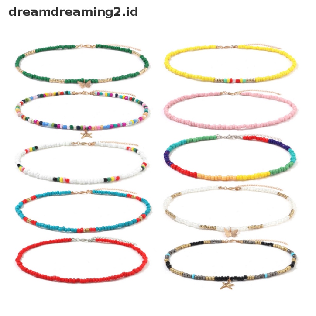 (hot) Warna-warni Manik Kecil Kupu-Kupu Bintang Liontin Choker Bohemia Kalung Wanita Perhiasan//