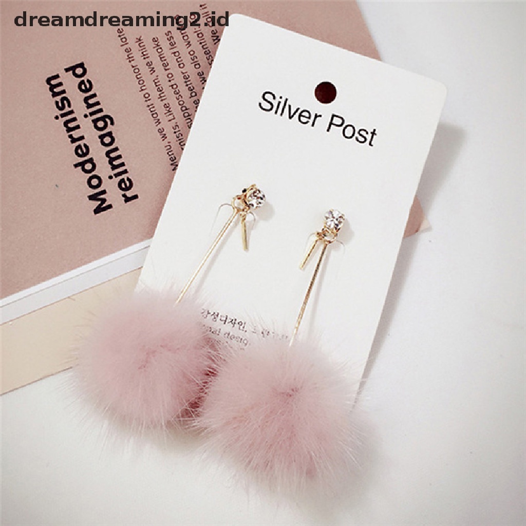 (hot) Bola Bulu Lembut Pompom Anting Panjang Drop Menjuntai Anting Wanita Ear Studs Jewelry//