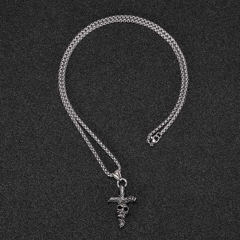 [Z H Perhiasan] Vintage Punk Tengkorak Kepala Salib Liontin Pria Dan Wanita Fashion Stainless Steel Kalung Hip Hop Pesta Perhiasan Aksesoris