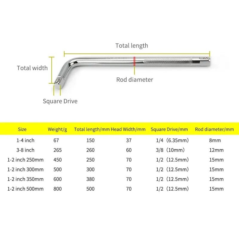 Gagang Kunci Sock L 1/2&quot; DR x 10&quot; Sock Wrench L Offset Handle ½&quot; full chrome