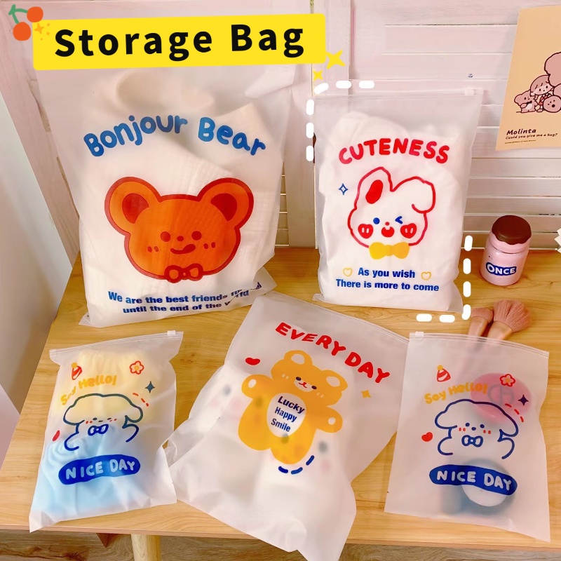 Tas Penyimpanan Kapasitas Besar Transparan Lucu/Pakaian Motif Hewan Portabel Disegel Saku Untuk Perjalanan Luar Ruangan