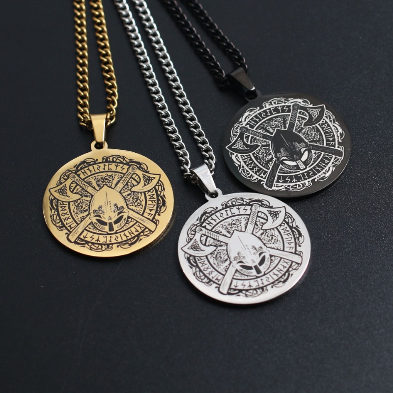 [Kalung X C] New Gold &amp; Silver Hip-hop Punk Retro Viking Odin Helm Kapak Tempur ​Kalung titanium Steel Liontin Anti Karat Untuk Perhiasan Hadiah Liburan Pria Dan Wanita