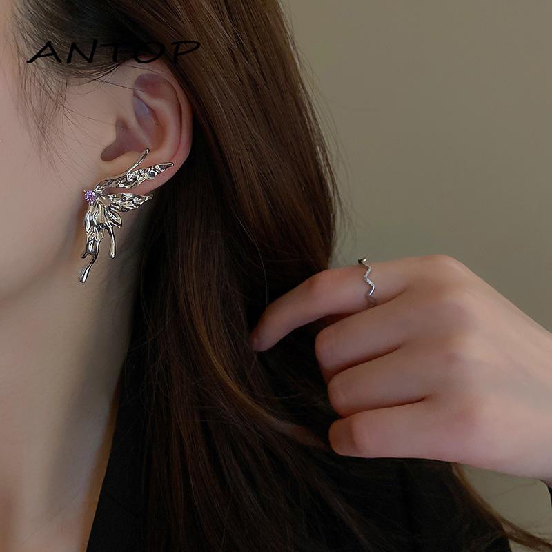 [antop] Anting Kupu-Kupu Biokimia Logam Cair Anting Rasa Desain Zirkon Ungu Asimetris