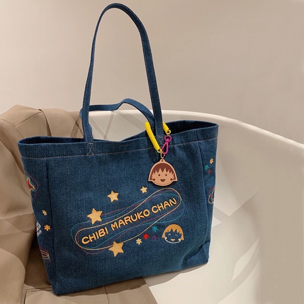 ☍Sera Dark Blue Galaxy Tote Bag 2022 Baru Kanvas Tas Wanita Kapasitas Besar Denim Tas Bahu Kecil Maruko Messenger Bag