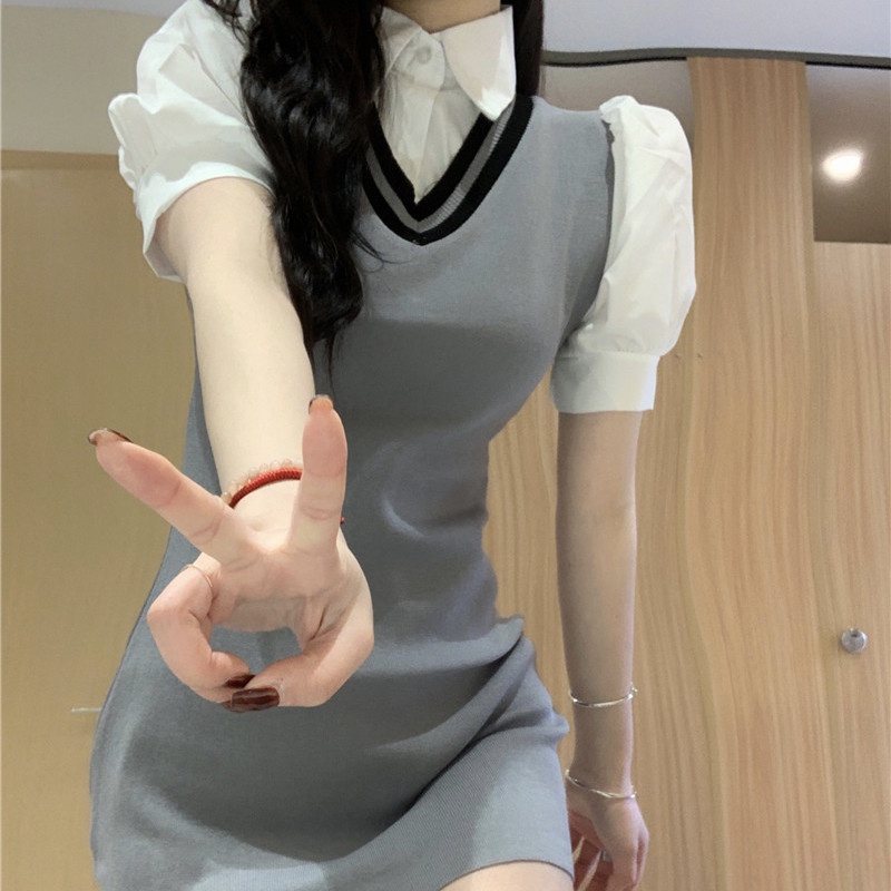 Red Kontras warna gaya barat baju dua potong palsu gaun musim panas wanita baru manis panas gadis pinggang tas pelangsing pinggul rok pendek