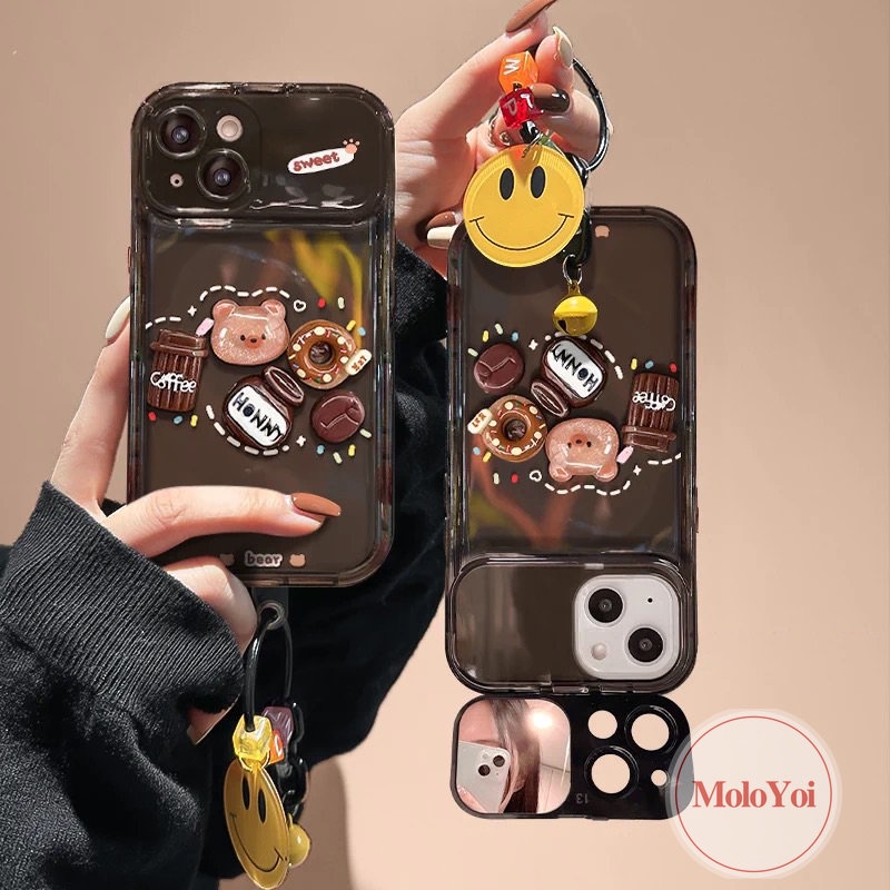 Boneka 3D Lucu Kopi Susu Teh Beruang Case Kompatibel Untuk IPhone 7Plus XR 11 14 13 12 Pro Max7 8 14 Plus X XS MAX SE 2020 Kreatif Flip Make Up Cermin Shockproof Lembut TPU Phone Cover