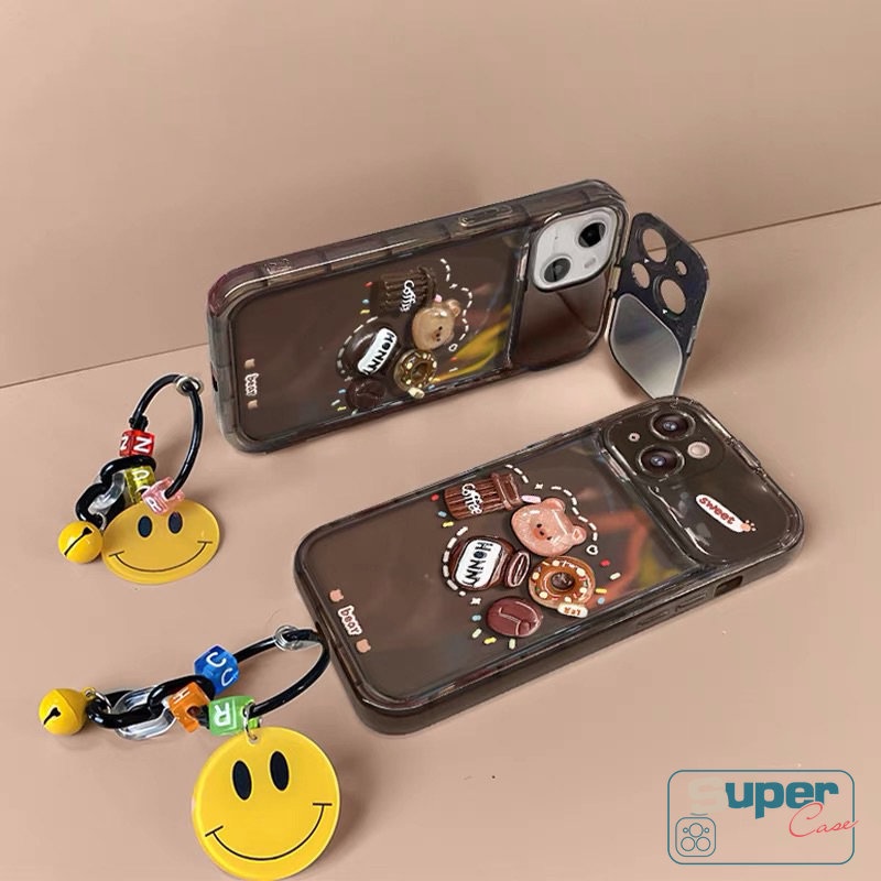 Mainan 3D Beruang Kopi Donat Stiker Kreatif Flip Make Up Mirror Case Kompatibel Untuk iPhone XR 78 14 Plus 11 13 12 14 Pro MAX XS MAX X SE Kartun Lucu Shockproof Soft Cover
