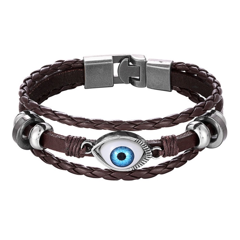 [X C Gelang] Baru Setan Mata Gelang Kulit Hitam Vintage Hip Hop Punk Gelang Kulit Lengan Manik-Manik Multilayer Zinc Alloy Anyaman Gelang