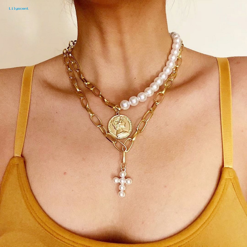 Lilyscent Kokoh Klavikula Kalung Perhiasan Hadiah Mutiara Imitasi Retro Choker Kalung Ekstensi Rantai