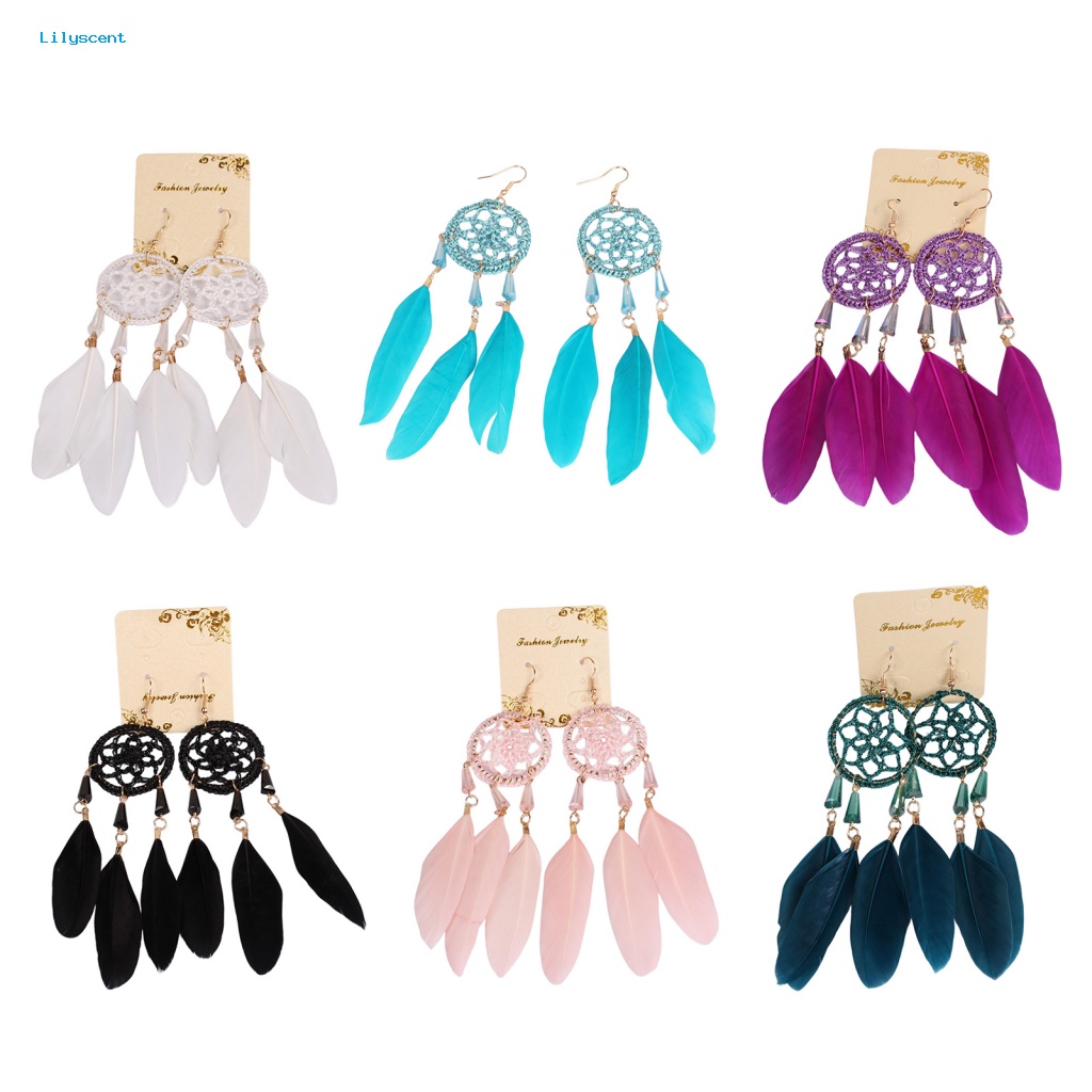 Lilyscent 1pasang Anting Kait Elegan Kostum Aksesoris Panjang Bulu Palsu Dreamcatcher Earrings Liontin