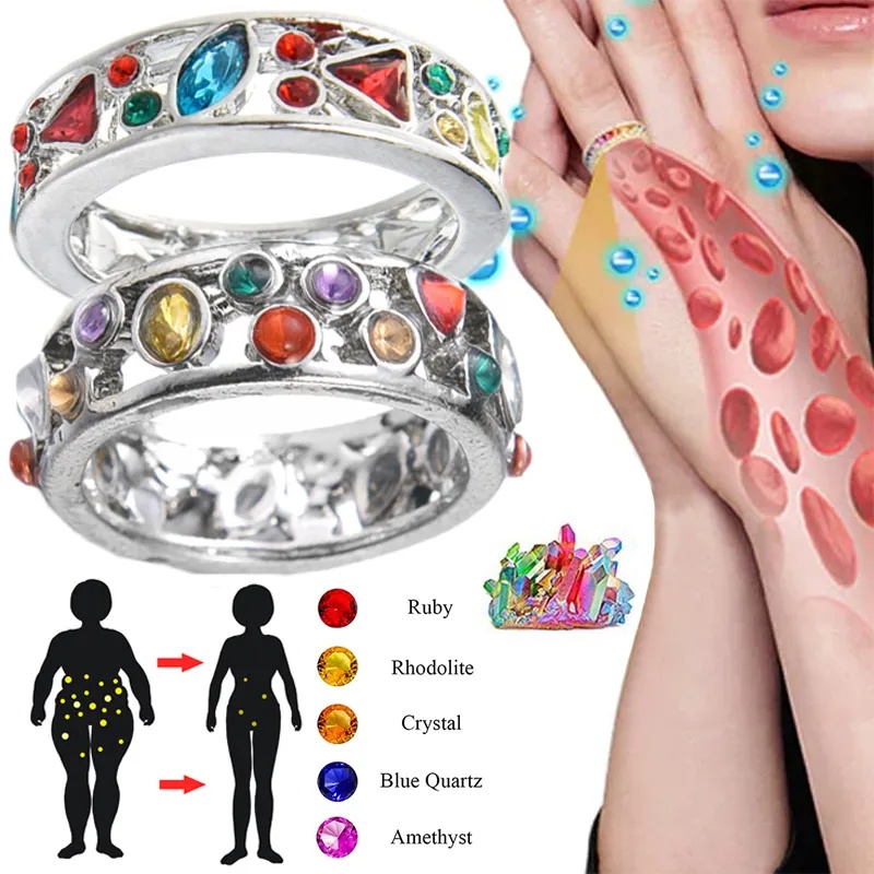 Cincin Terapi Kristal Halus Unik Untuk Menurunkan Berat Badan Getah Bening Wanita Colorful Crystal Quartz Ring Trendy Zirconia Bertatahkan Cincin Berongga Keluar Desain Fashion