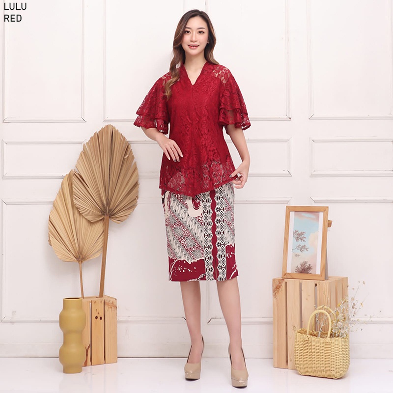 Evercloth Lulu Dress Batik Wanita Brukat Kebaya Batik Couple Set Gaun Batik