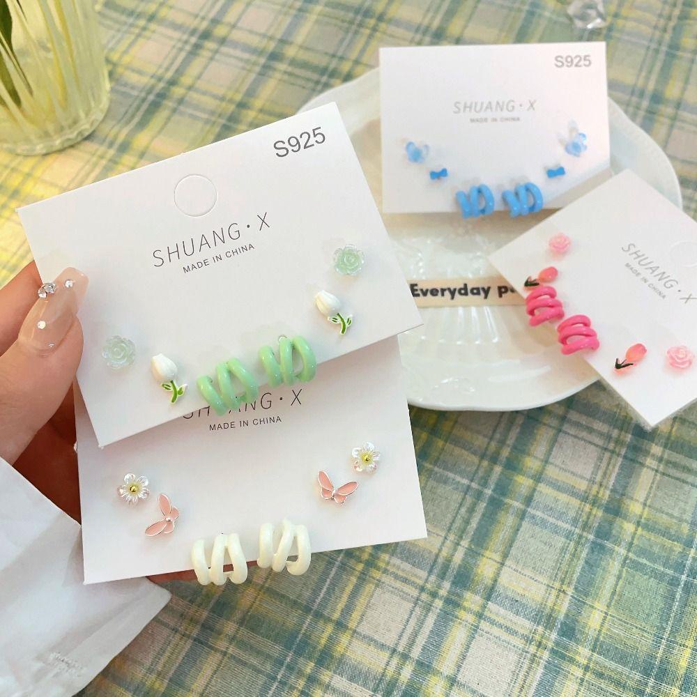 Needway Anting Perempuan set Lucu Retro 3pasang /set Hadiah Trendi Bunga Elegan Musim Semi Fashion Perhiasan