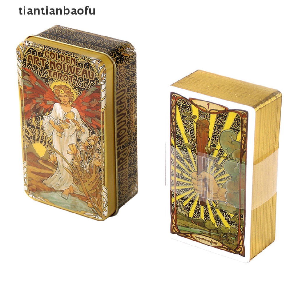 [tiantianbaofu] Tin Box Golden Art Tarot Card Ramuan Ramalan Deck Party Board Game w/Butik Manual