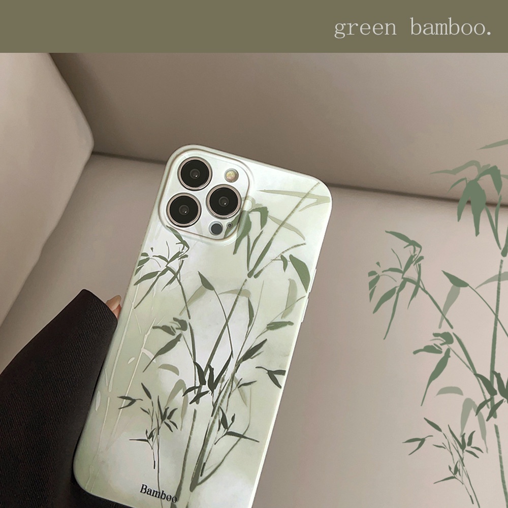 IPHONE Lukisan Kuas Gaya China Bambu Hijau Pelindung Lensa Kamera Phone Case Covers Untuk Iphone11 12 13 14 PLUS PRO MAX