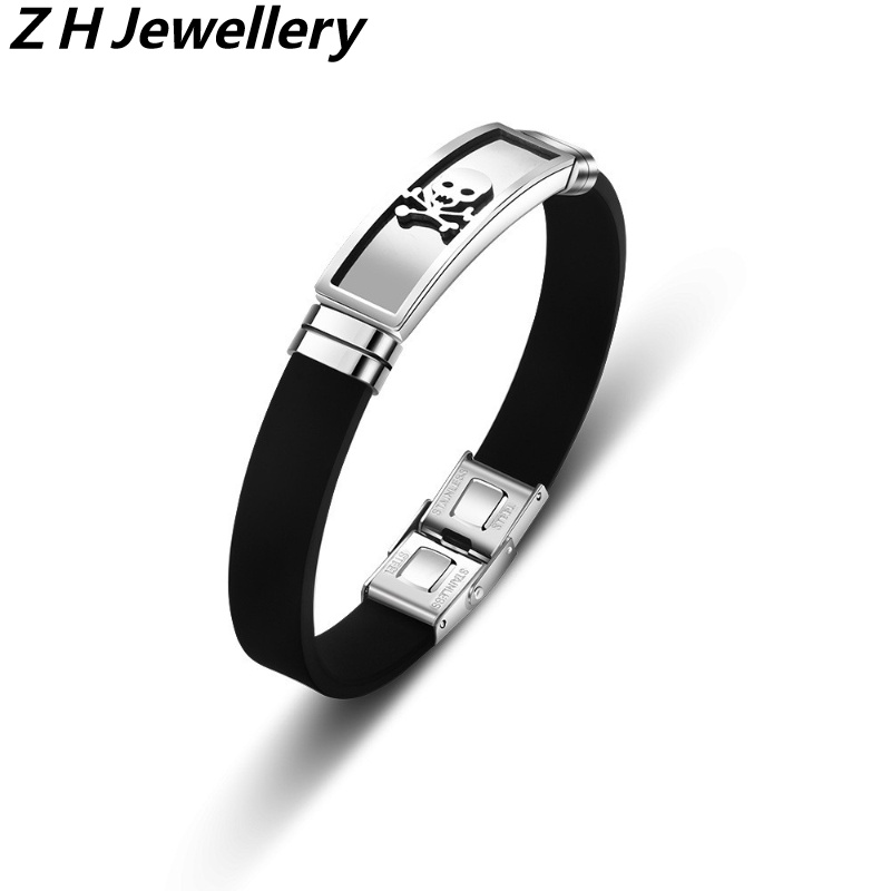 Z H Perhiasan Vintage Hip Hop Rock Stainless Steel Tengkorak Silikon Gelang Untuk Pria Dan Wanita Fashion Bintang Gelang Hip Hop Pesta Perhiasan Aksesoris