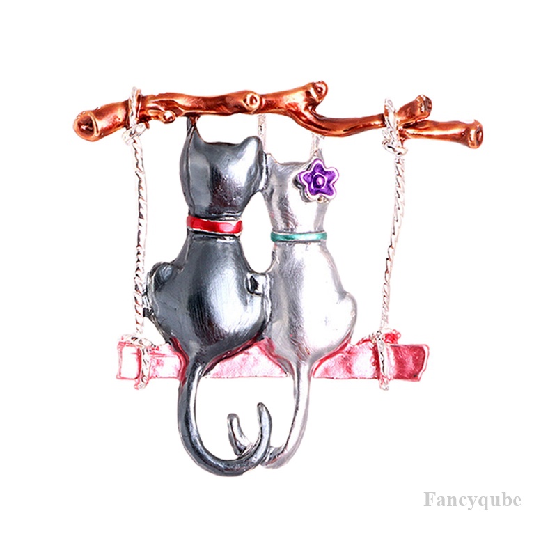 Pasangan Kucing Bros Untuk Wanita Enamel Kartun Berayun Kucing Hewan Pesta Casul Brooch Pins