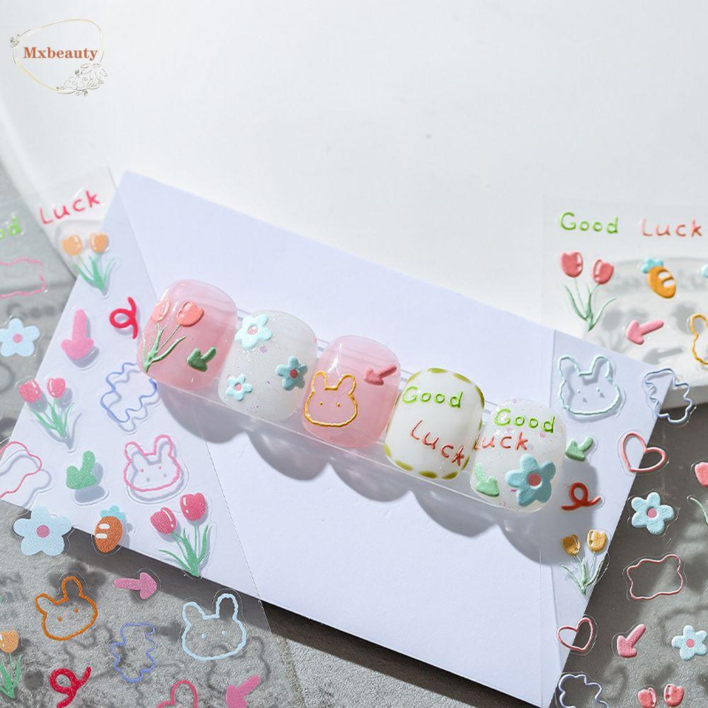 Mxbeauty Kartun Stiker Kuku Wanita Relief Mickey Salju Putih Bunga Perekat Diri Nail Art Dekorasi