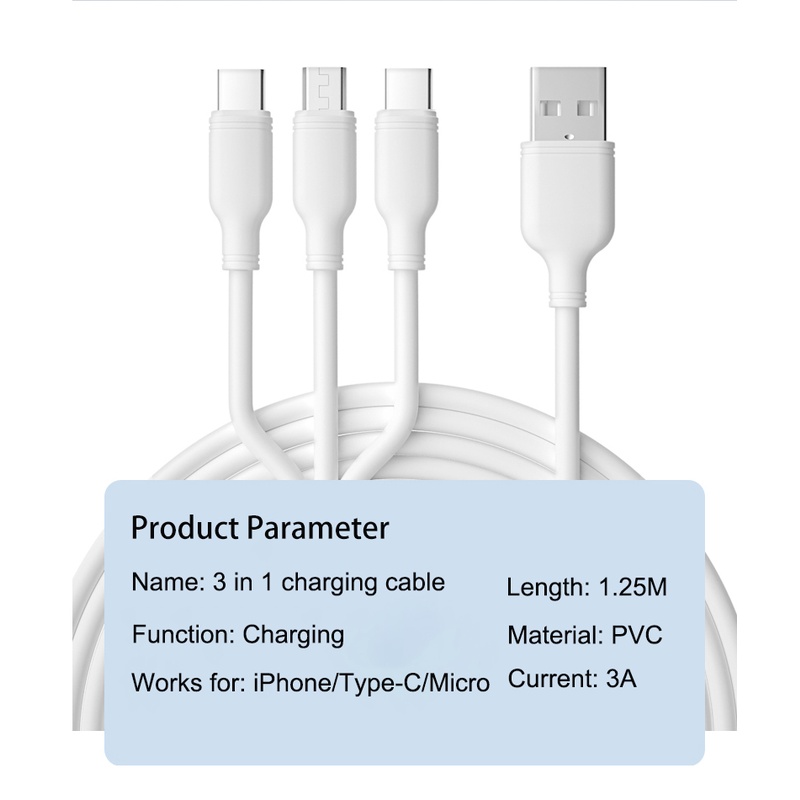 Kabel PVC Pengisian Cepat 3in1 Kabel USB Charging Universal Kabel USB Multifungsi Untuk iPhone Sumsang