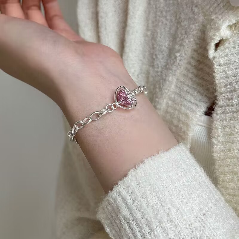 Ifyou Y2K Gelang Moonstone Pink Heart Adjustable Bangles Untuk Perhiasan Aksesoris Wanita