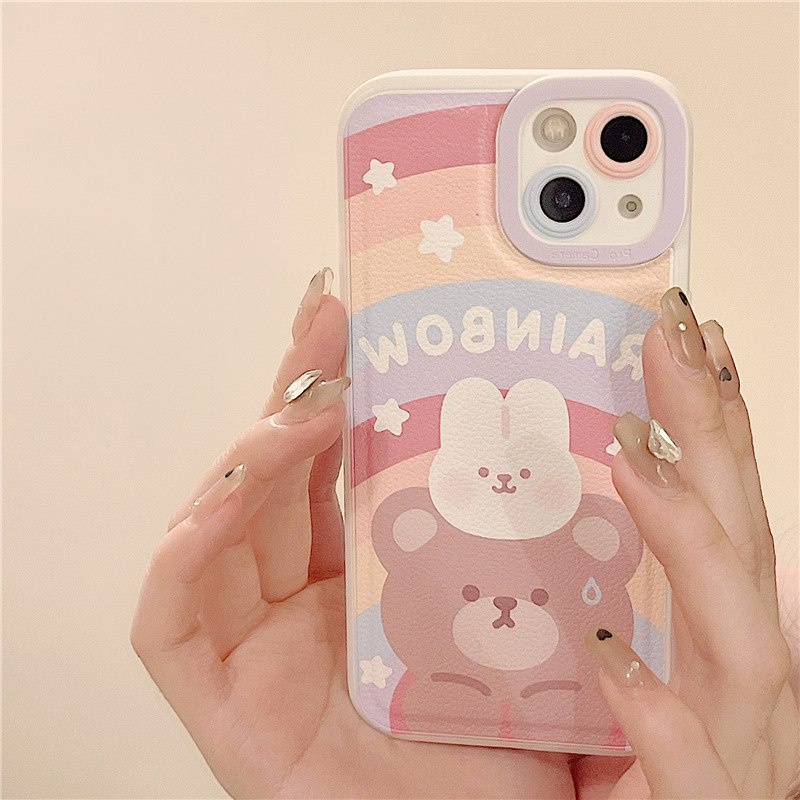 Leather Rainbow Bear Bunny Soft Silicon Case HP iP iPhone 7 8 14 + Plus SE 2020 X XS XR Max 11 12 13 Pro Max FTD Casing Apple