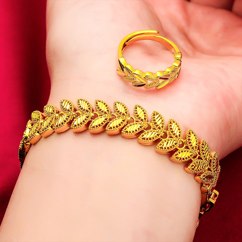 Goldkingdom Perhiasan Fashion 24K Bangkok Aksesoris Ready Stock Wanita Baru Set Gelang Cincin Gandum Telinga Lapis Emas Mewah