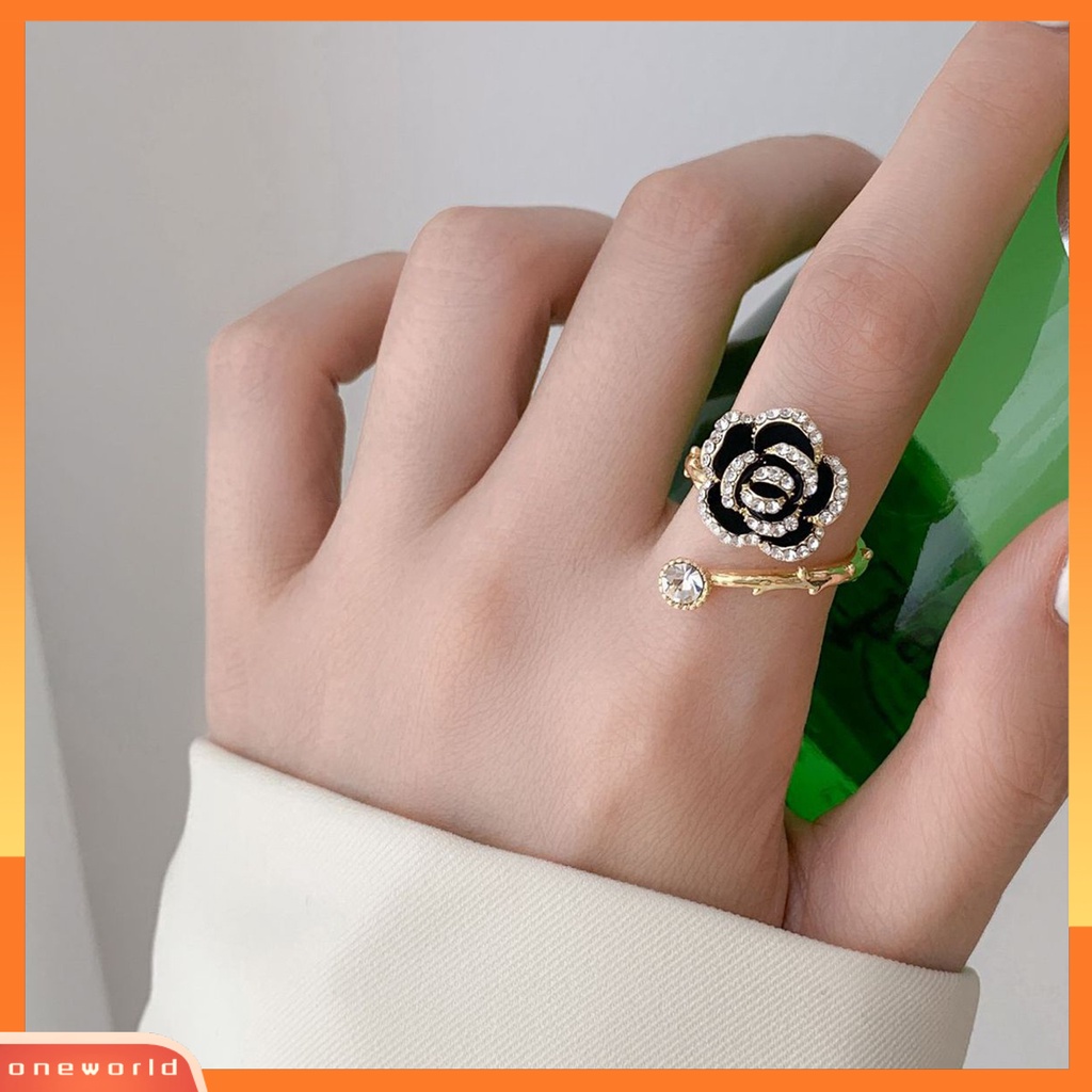 [EONE] Cincin Pengantin Gaya Vintage High-end Lengket Besar Bentuk Mawar Hitam Pembukaan Knuckle Ring Perhiasan Perempuan