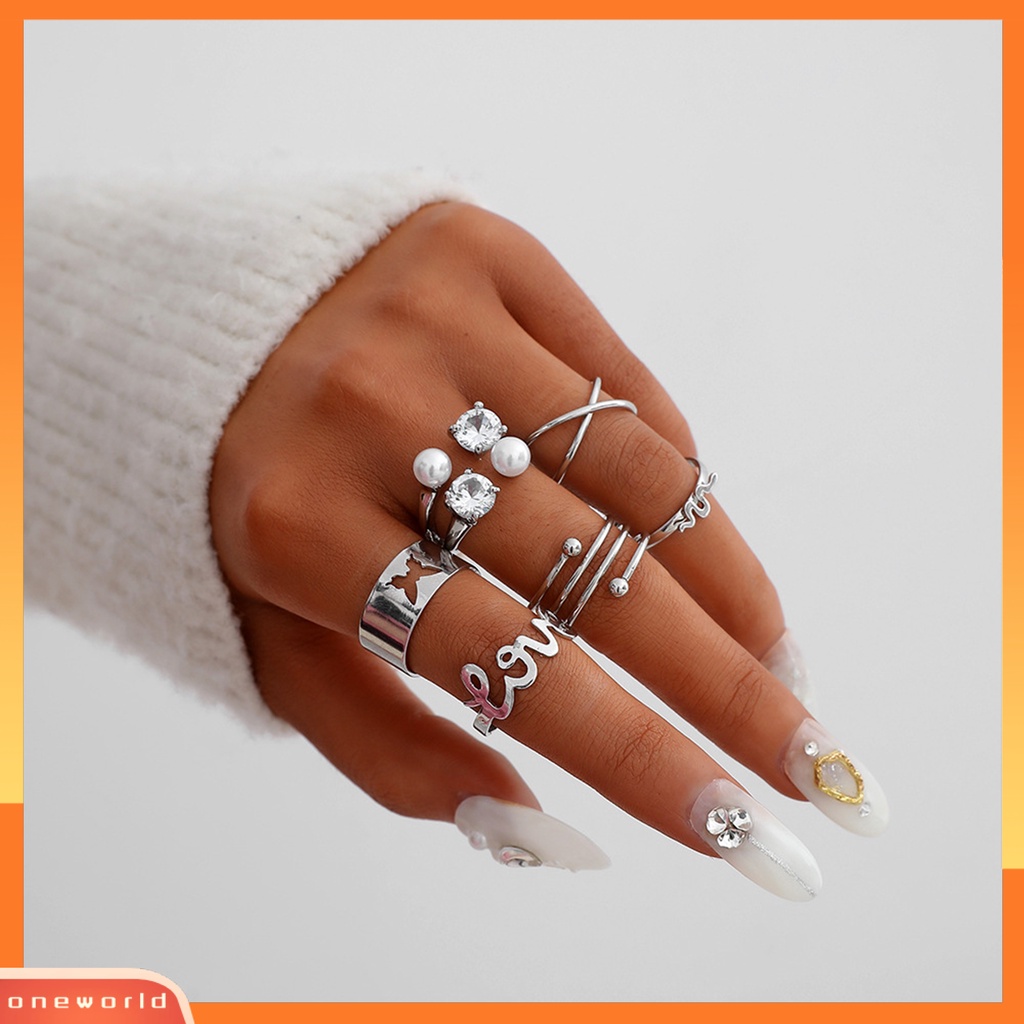 [EONE] 6 Pcs Jari Cincin Huruf Kupu-Kupu Mutiara Imitasi Pria Wanita Pembukaan Adjustable Ins Style Rings Fashion Jewelry