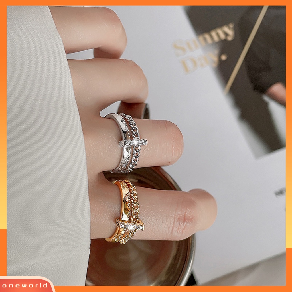 [EONE] Wanita Cincin Hip Hop Lapisan Ganda Hias Eye-catching Semua Pertandingan Hadiah Perhiasan Geometris Berlian Imitasi Bertatahkan Wanita Ladies Finger Ring Untuk Pacaran