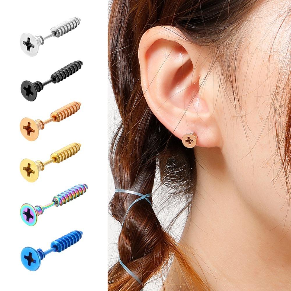 Mxbeauty Anting Titanium Steel Anti Alergi Gaya Punk Kpop Perhiasan Geometris Paku Sekrup Hiasan Halloween Anting Gaya Korea