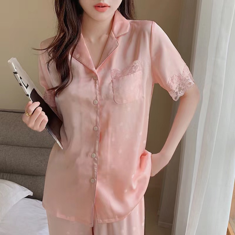 2023 new Korean version thin pink pajamas set/short sleeve top+trousers two -piece home clothing