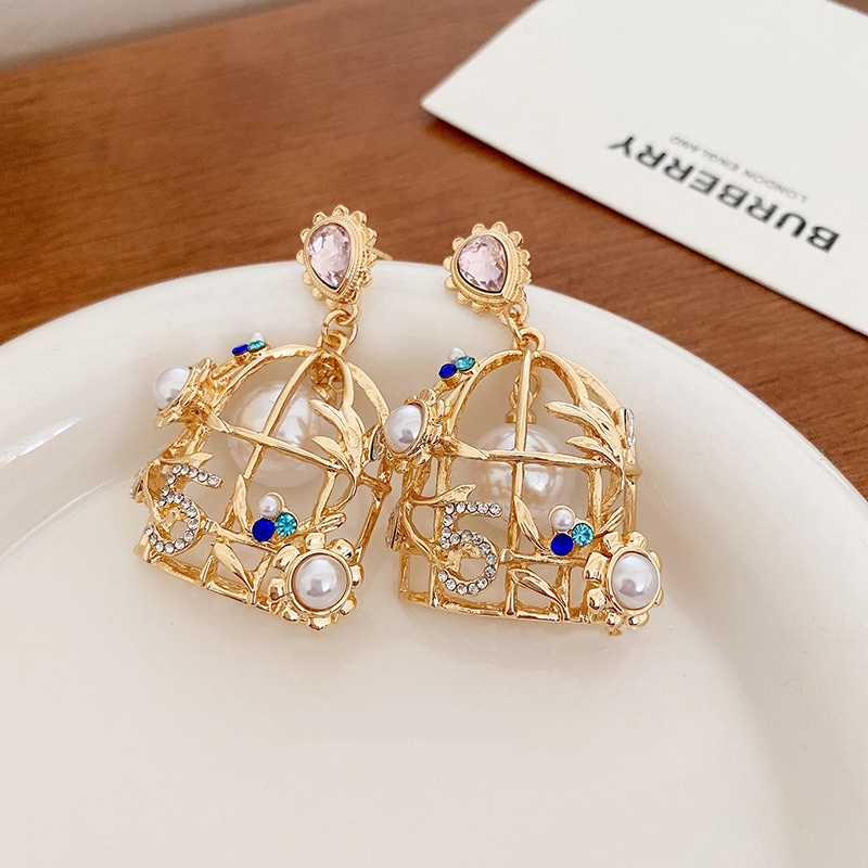 Gaya Medieval Mutiara Berlian Imitasi Angka Birdcage Anting Fashion Temperamen Unik