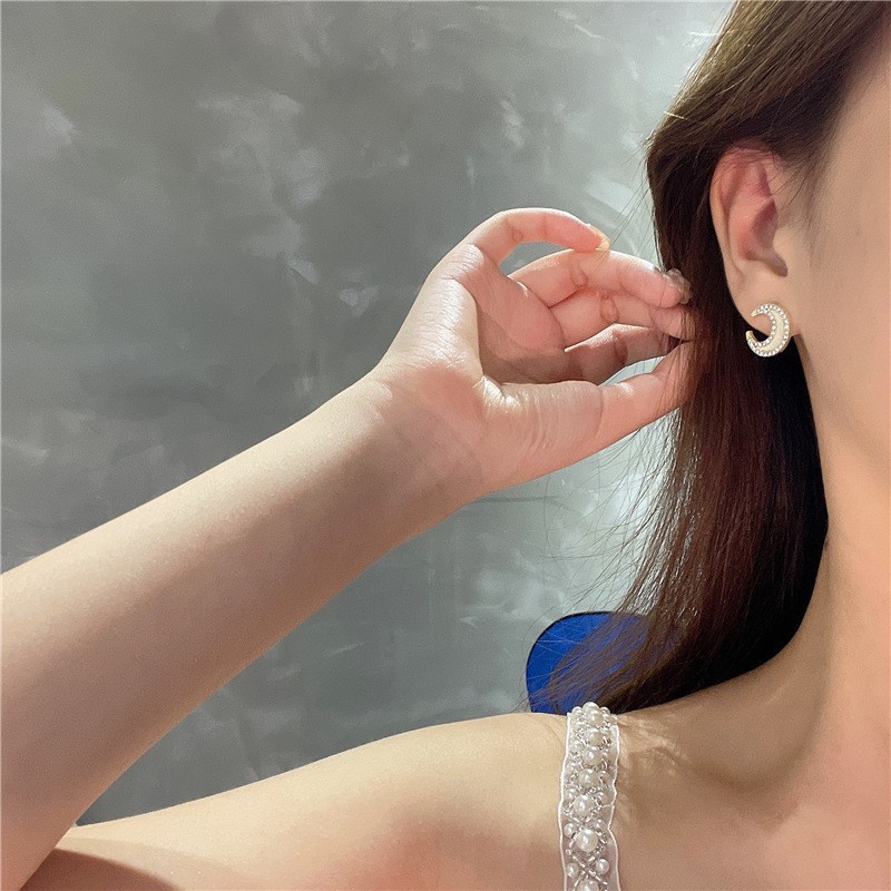 Anting Stud Kristal Bulan Bersinar Untuk Wanita Warna Emas Mewah Ear Studs Perhiasan Hadiah Pesta Pernikahan