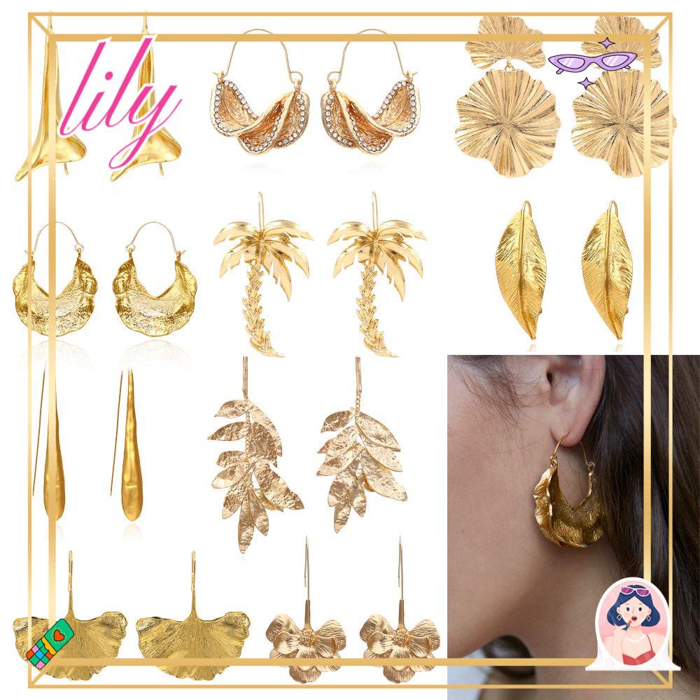 Lily Emas Daun Anting Sederhana Perhiasan Fashion Liontin Panjang Bunga Telinga Stud