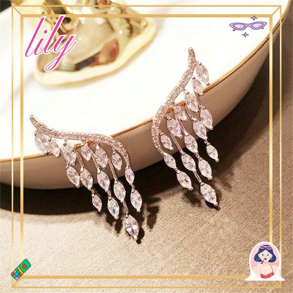 Lily Angel Sayap Anting Wanita Perhiasan Stud Earrings Elegan Menjuntai Zirkon Telinga Klip