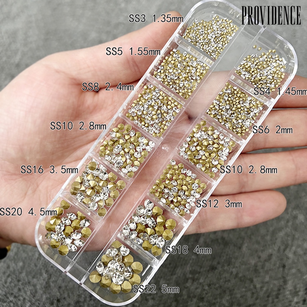 Providence 1kotak Kuku Berlian Imitasi Ukuran Campur Bening Bersinar Mudah Tempel Removable Dekorasi Kuku 12kisi 3D Berbentuk Tidak Teratur Manicure Charm Nail Supplies