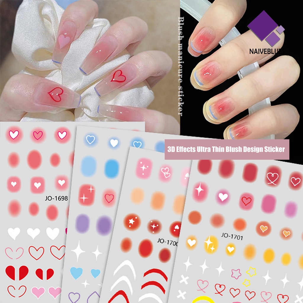 [naiveblues] Stiker Kuku Efek 3D Romantis Ultra Tipis Blush Sticker Pink Heart Transfer Untuk