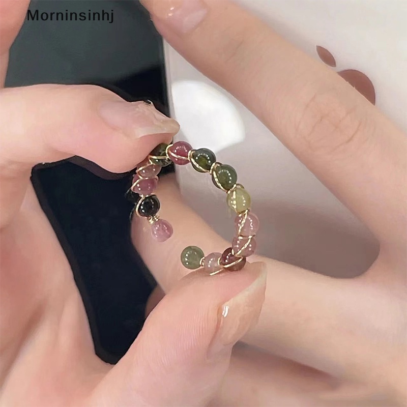 Mornin 1pc Rain Tourmaline Cincin Fashion Retro Handmade Kawat Logam Berliku Manik-Manik Cincin Terbuka Perhiasan Perempuan id