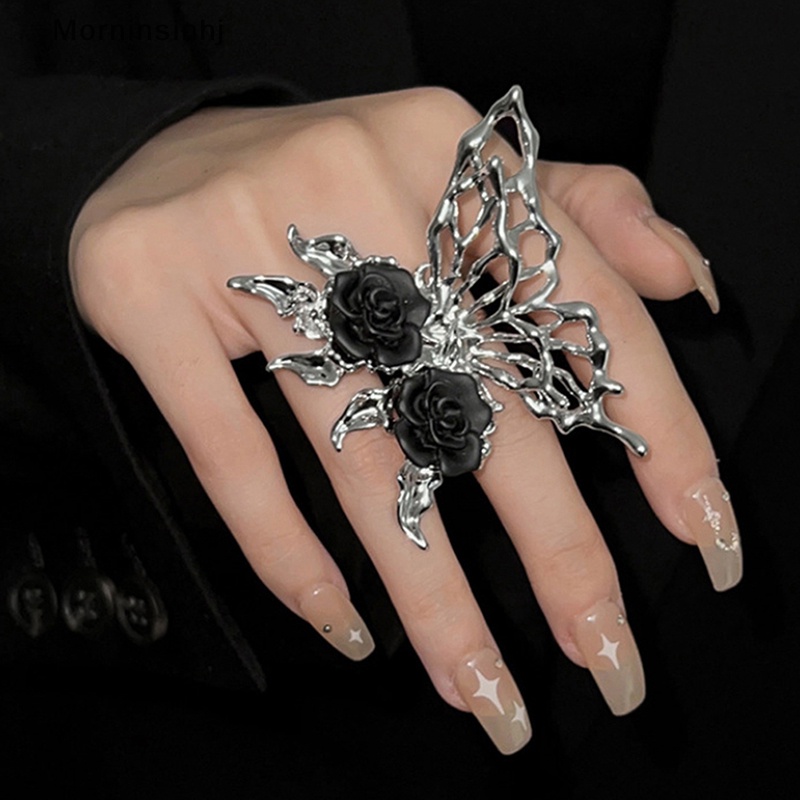 Mornin Vintage Punk Metal Black Rose Liquid Butterfly Opening Ring Untuk Wanita Berlebihan Cincin Hewan Yang Dapat Disesuaikan Aesthetic Perhiasan Hadiah id