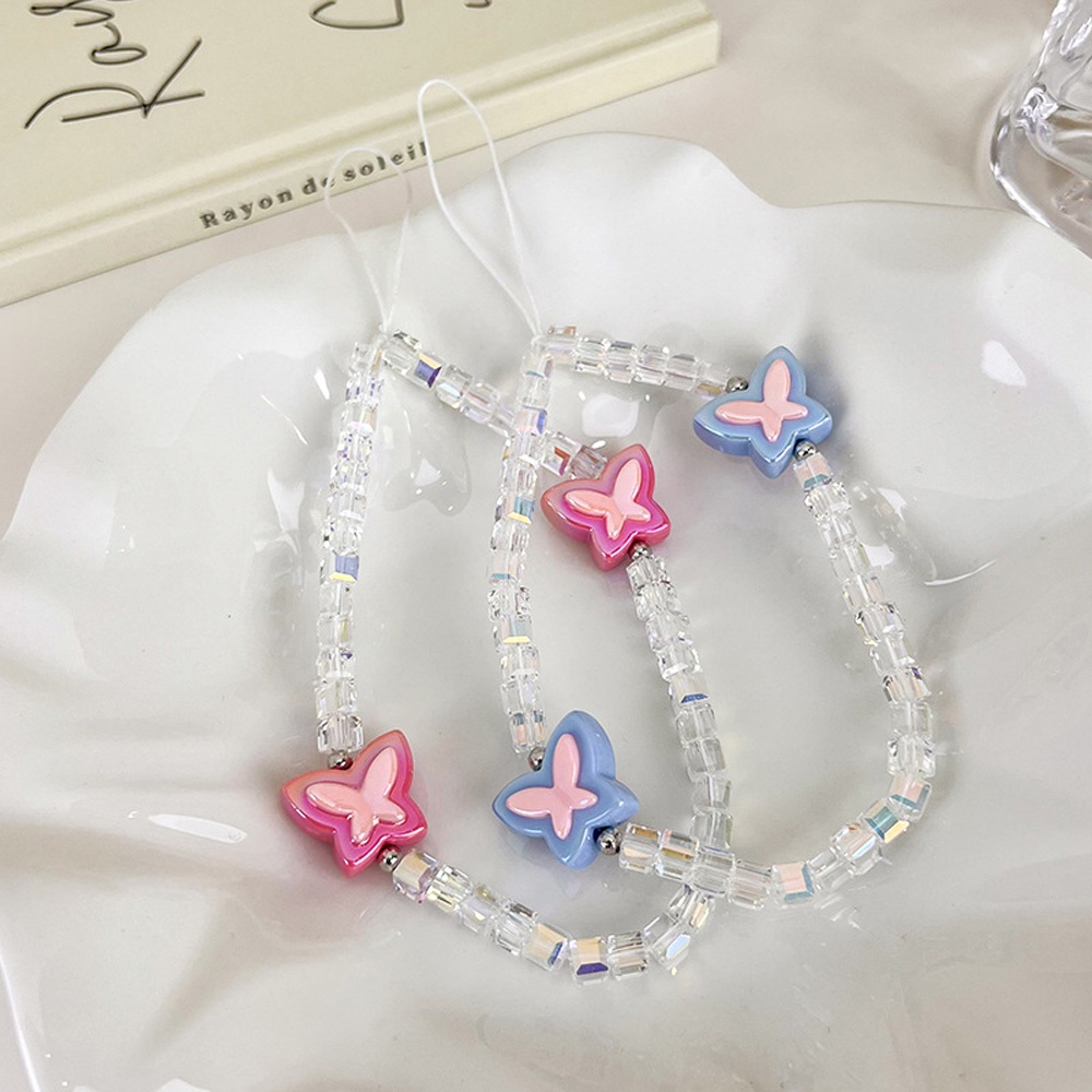 Diy Cinta Manik-Manik Ponsel Case Gantung Rantai Biru Pink Kupu-Kupu Kristal Telepon Rantai Anti Rontok Gantungan Kunci Manis Keren Tas Gantung Dekorasi Hari Anak Hadiah Gelang