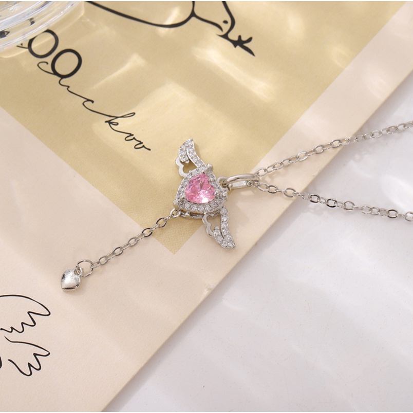 Ahellogirl Cupid Heart Necklace Love Zircon Pink Diamond Romantic Angel Necklace Kalung Hati Mewah