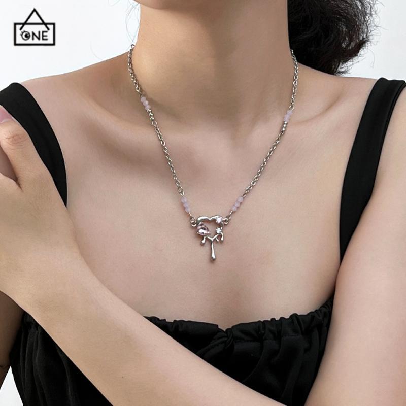 COD❤️Kalung Pendek Pendek Mewah Premium Pink Zirkon Manis Keren Kalung Cinta Tetesan Cair -A.one