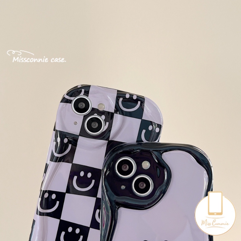 IPHONE Case Smiley Kartun Kotak-Kotak Kompatibel Untuk Iphone11 14 12 13 Pro Max 7Plus 8Plus XR X7 8 6s 6 Plus XS Max SE 2020 Senyum Lucu 3D Wavy Curved Edge Shockproof Glossy Soft Cover