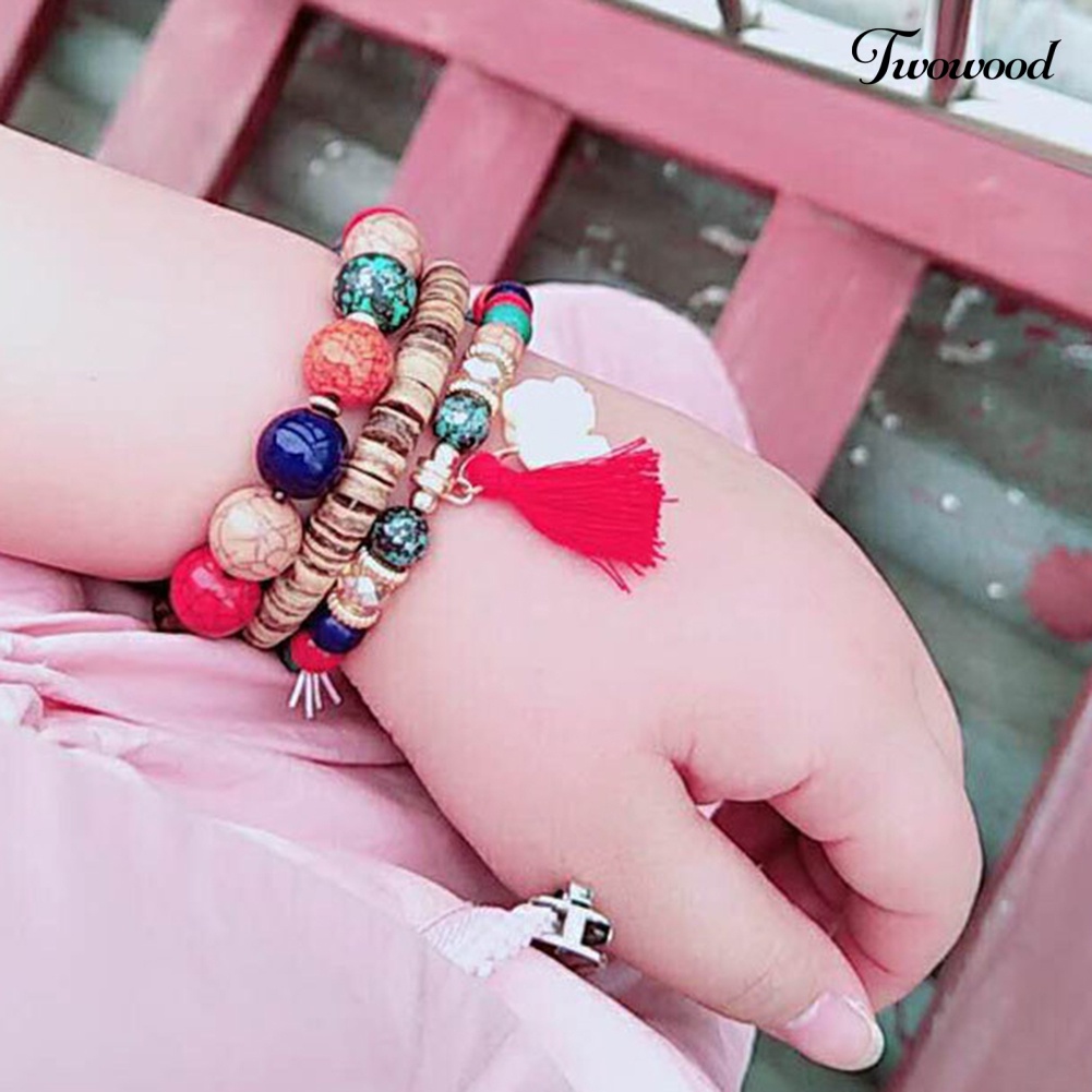 Twowood 3Pcs/Set Bohemian Wanita Gajah Rumbai Pesona Ceko Batu Manik-Manik Gelang Hadiah