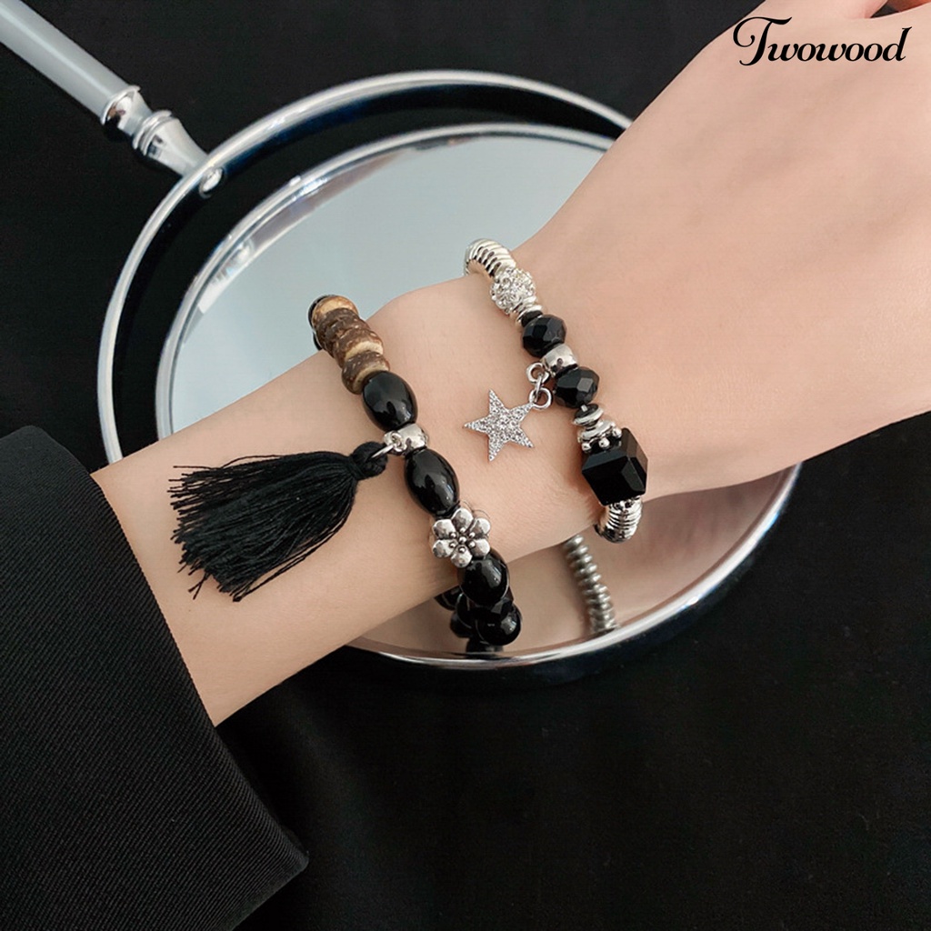 Twowood 2Pcs/Set Couple Gelang Gaya Etnik Manik-Manik Elastis Berlian Imitasi Bintang Liontin Hadiah Elegan Adjustable Kristal Imitasi Jumbai Pria Gelang Fashion Perhiasan