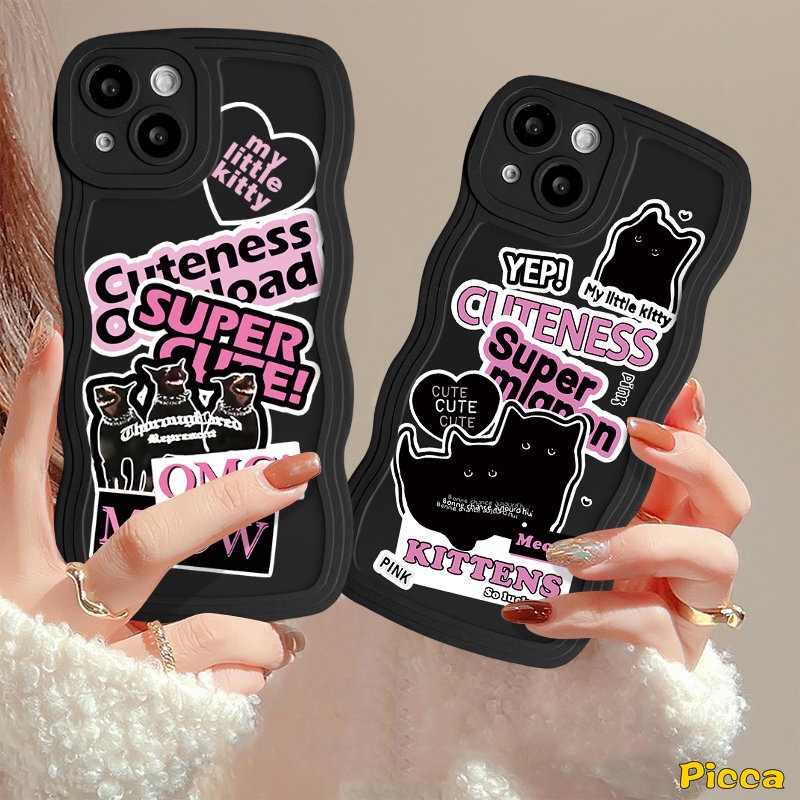 Casing Tepi Bergelombang Untuk Samsung A04s A14 A50 A30s A13 A03s A22 A12 A50s A04 A31 A52s A20 A53 A21s A52 M32 A51 A23 A11 A02s A33 A32 A04E Ins Trendy Stiker Label Keren Kucing Anjing Soft Case