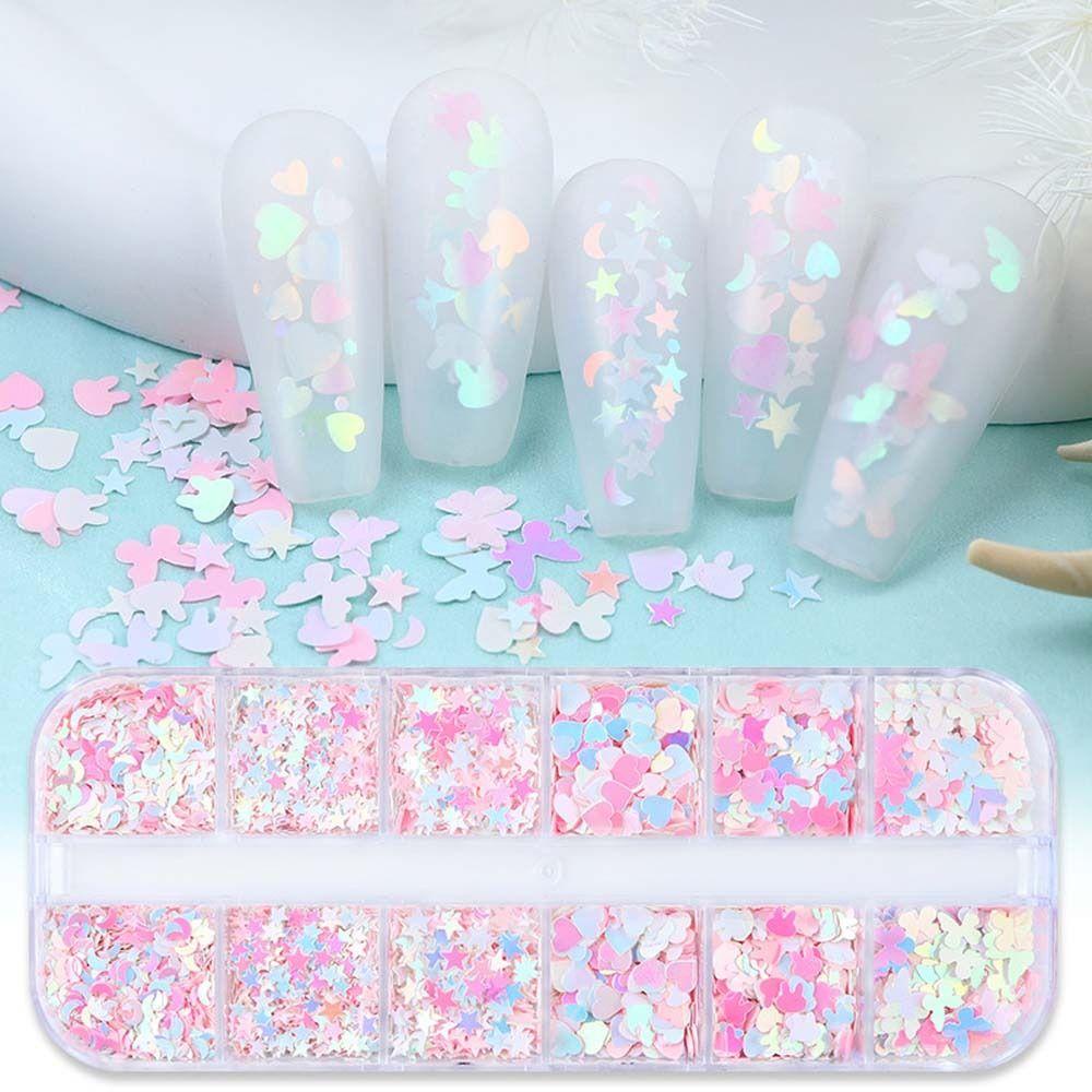 Mxbeauty Kuku Payet Mermaid Jepang Nail Art Ukuran Campur Cinta Hati Kupu Bulan Hiasan Bulu Mata Palsu Manicure Aksesoris Hiasan Kuku