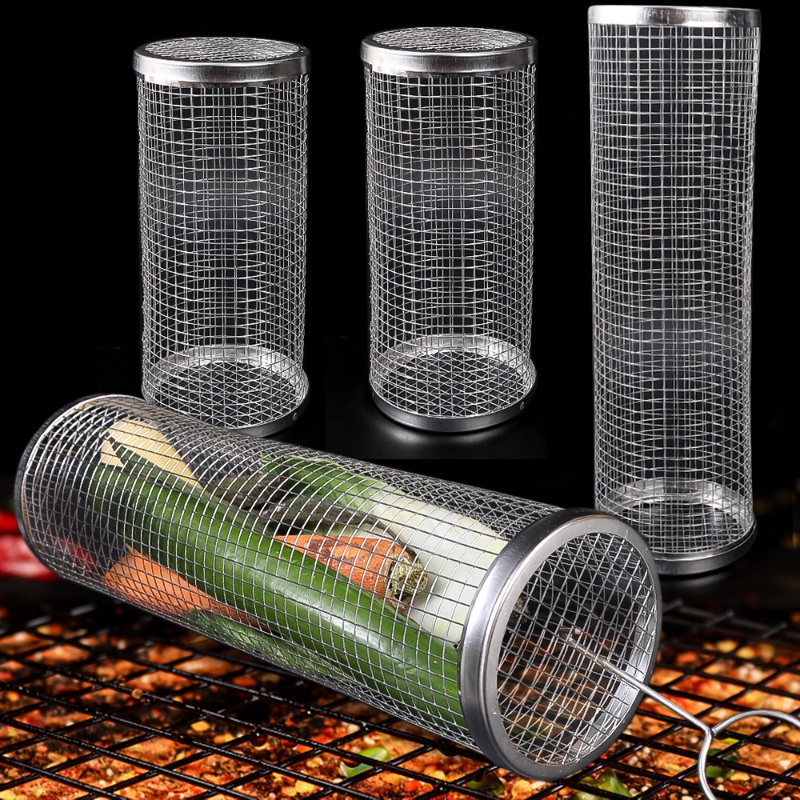 Keranjang Rak Barbekyu Stainless Steel Outdoor Camping/Travel Keluarga Anti Bocor Masak Panggangan Parutan Rotary Grill Basket