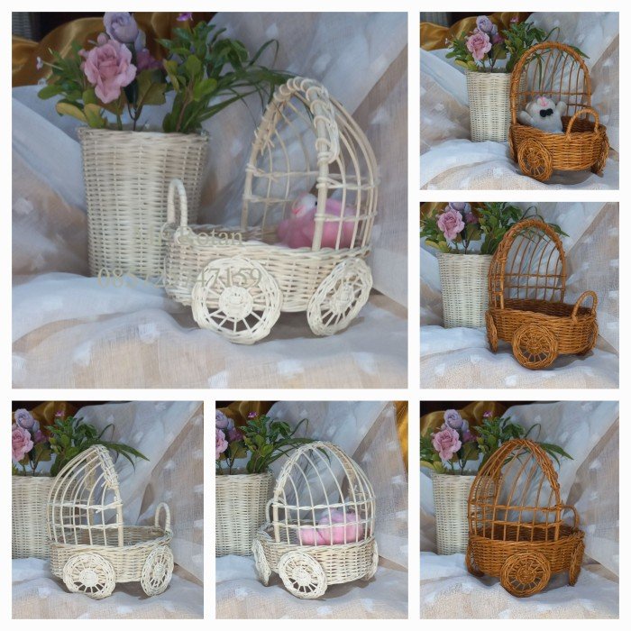 

keranjang serba guna bentuk kereta baby dari rotan